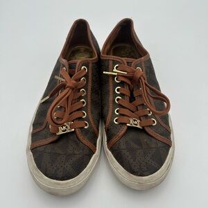 Michael Kors Dark Brown Monogram Sneakers with Gold Accents